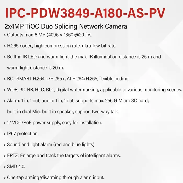 Dahua 8MP TiOC EPTZ Caméra Alarme sonore et lumineuse intelligente 180 °