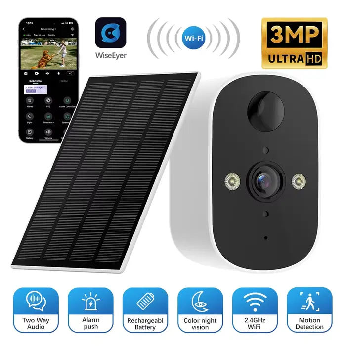 Caméra de sécurité solaire sans fil 3MP pour extérieur, vision nocturne couleur, détection humaine, surveillance maison et boutique occasionnels