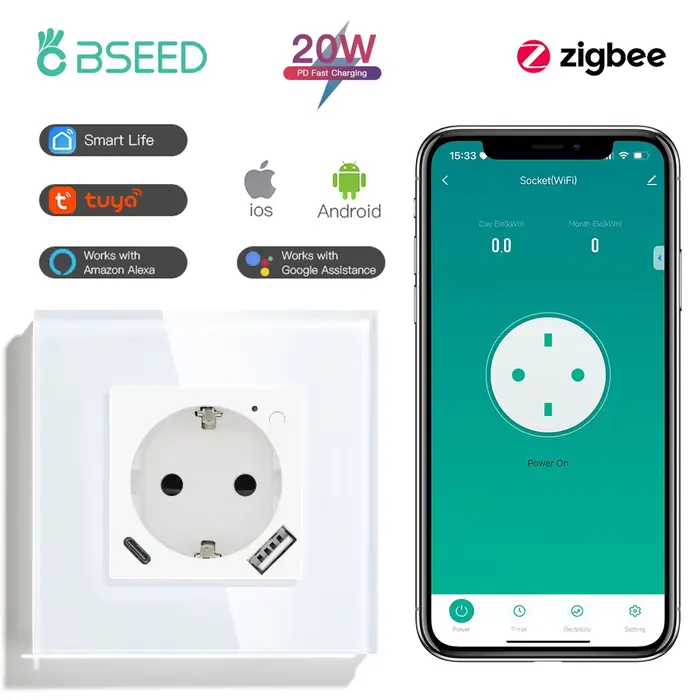 BSEED-Prise intelligente Zigbee, charge rapide, port de charge de téléphone USB Type-C, panneau en v