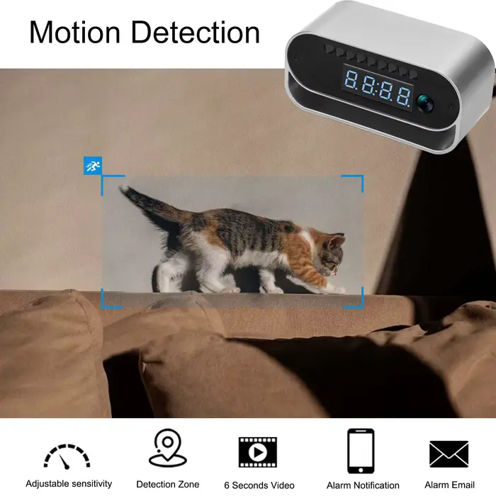 Caméra de surveillance cachée avec horloge 4K pour surveillance nocturne et détection de mouvement à distance pour maison et bureau