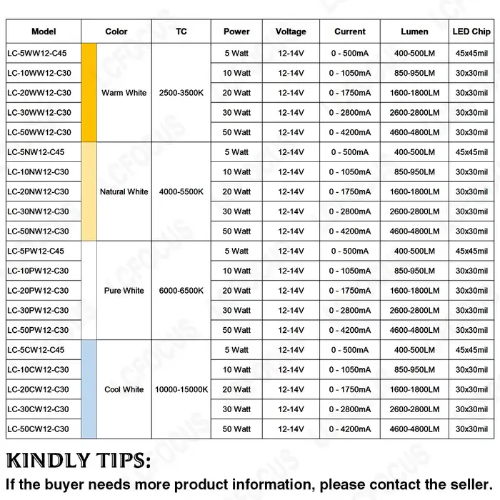 Ampoule LED DC 12 V 10 W 20 W 30 W 50 W lumière blanche chaude 3000 K 6000 K COB puce LED diode élec