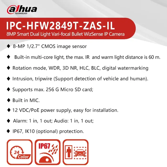 Caméra IP Dahua 8MP 4K WizSense Bullet Focale Variable Double Lumière Intérieure Extérieure Protection IP67 Surveillance Intelligentes pour Maison Entreprise Occasions Spéciales