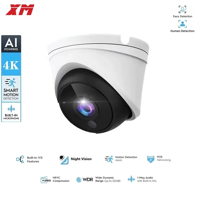 Caméra IP Dôme 4K XM POE 8MP Audio IR AI 3MP/4MP/5MP Vision Nocturne 26m avec Détection Humanoïde et