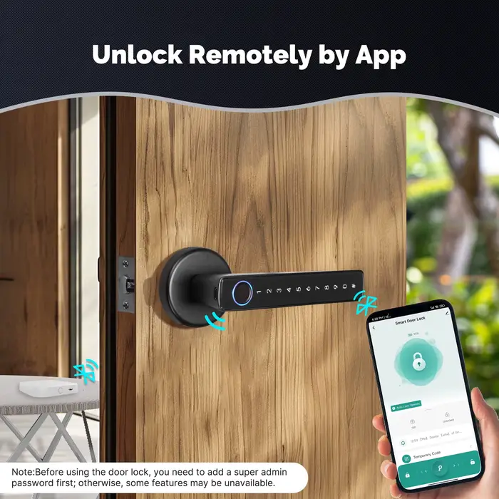 Serrure de porte intelligente Bluetooth à empreintes digitales et mots de passe pour maison hôtel appartement bureau location avec déverrouillage à distance via application et mot de passe temporaire pour visiteurs