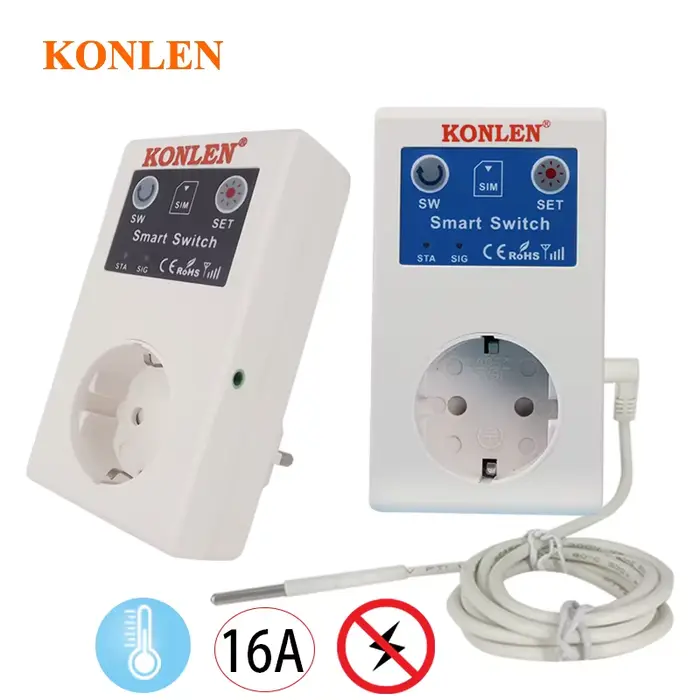 Prise de courant intelligente Konlen avec contrôle par SMS, application mobile et télécommande pour ouvre-porte de garage, pompes à eau, bassins d'éclosion et systèmes de ventilation occasions spéciales智能家居插头智能控制，适用于车库门、水泵、孵化池和通风系统等场合，特别适合各种特殊场合使用。