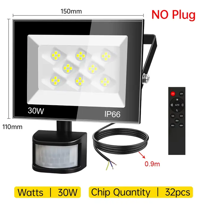 Projecteur LED extérieur avec capteur de mouvement et télécommande, compatible prises EU, AU, UK, IP