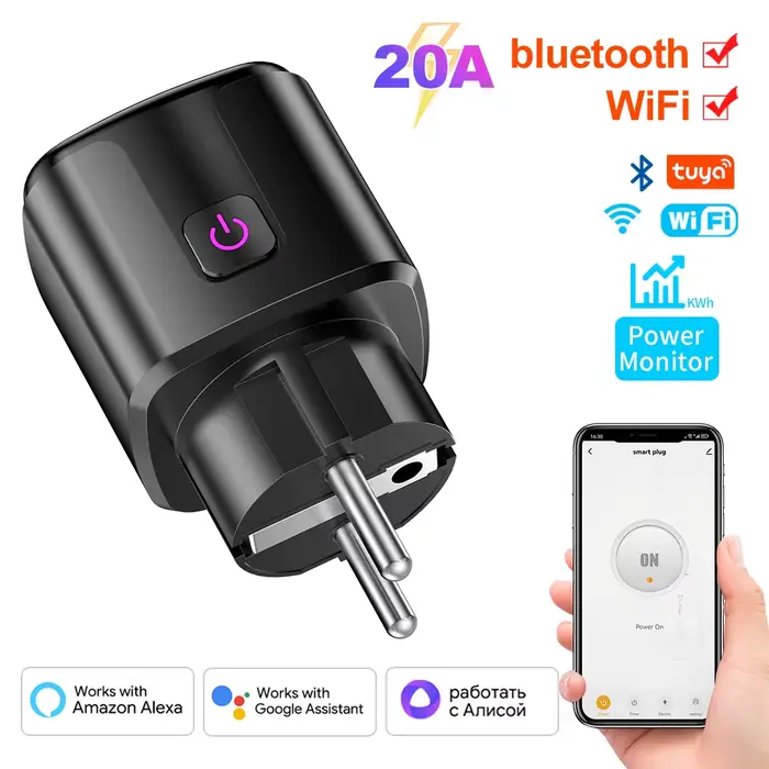 Prise intelligente Manhot Wifi/Bluetooth EU 20A avec surveillance de la consommation, commande vocal
