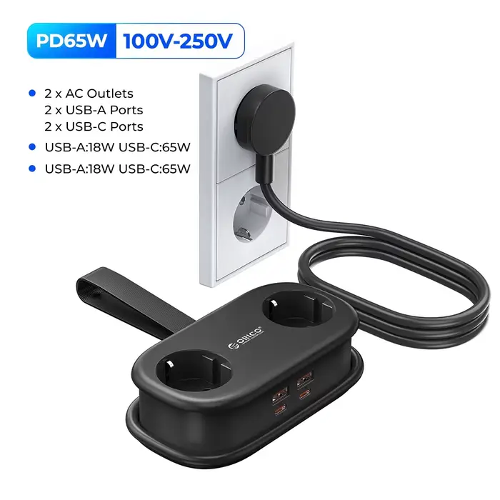 ORICO – multiprise GaN 65W, prise ue, prises 2AC, 2 ports USB, 1 Type C, adaptateur Portable, rallon