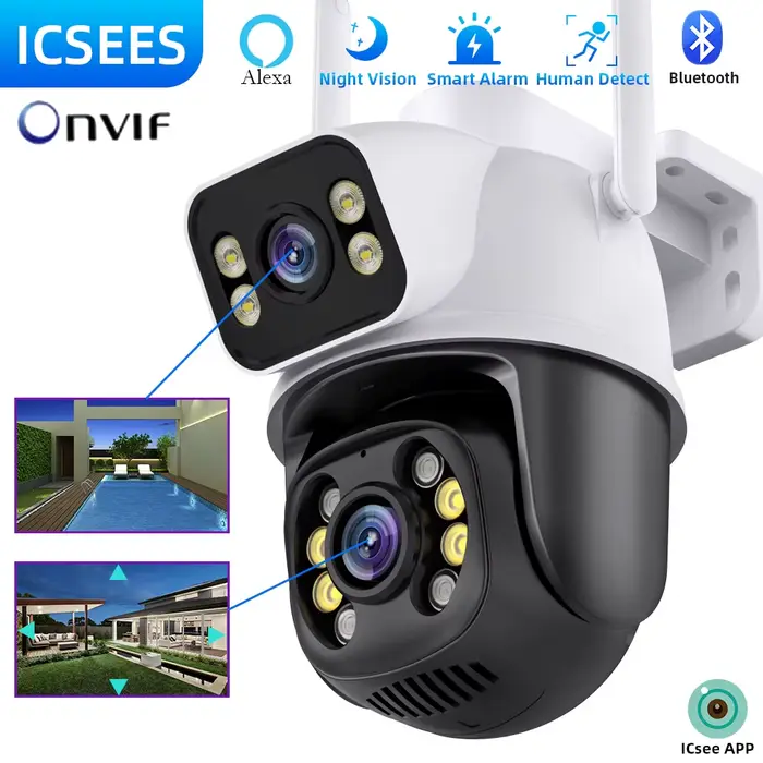 Caméra de surveillance extérieure sans fil iCsee, étanche 4K, WiFi, sécurité avec double objectif pour surveillance nocturne et détection humaine, idéale pour la maison et le commerce
