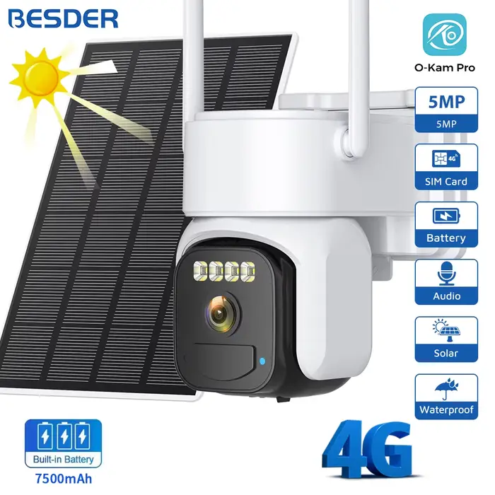Caméra Solaire 4G SIM 5MP PIR Détection Humaine Intégrée 7500mAh Batterie Rechargeable Surveillance Caméra IP o-kam Pro pour Maison, Jardin, Magasin et Propriété Secondaire