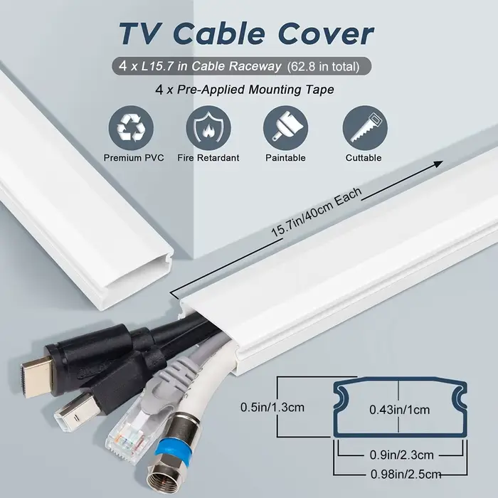 Kit de couvercles de câbles muraux 4 pièces blanc pour dissimulation de câbles TV et divertissement élégant et ordonné