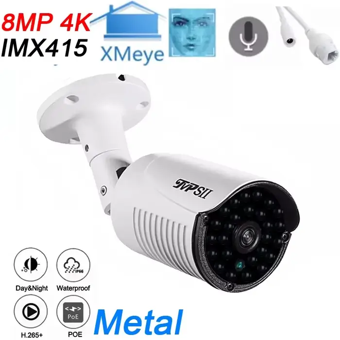 Détection de visage 8mp 4K IMX415 XMeye LED infrarouges métalliques étanche Auido H.265 + détection 