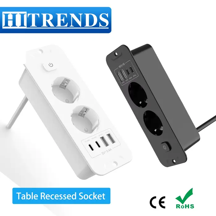 Prise encastrée de table avec 2 USB A et 2 Type C PD20W charge rapide prise intégrée avec câble d'extension de 2M pour bureau recharge rapide et design discret
