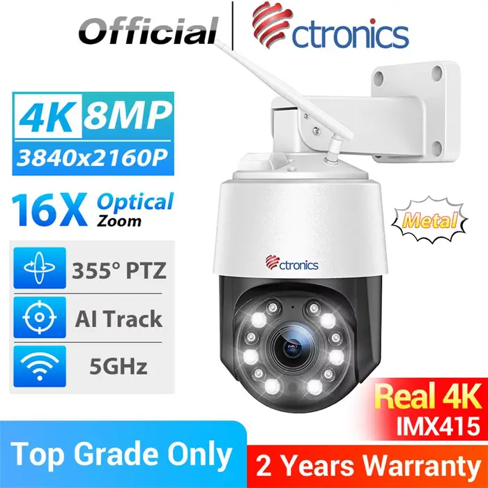 Ctronics Real 4K 8MP 5GHz WiFi Caméra de surveillance extérieure 360° 16X 5X Zoom optique Caméra IP 