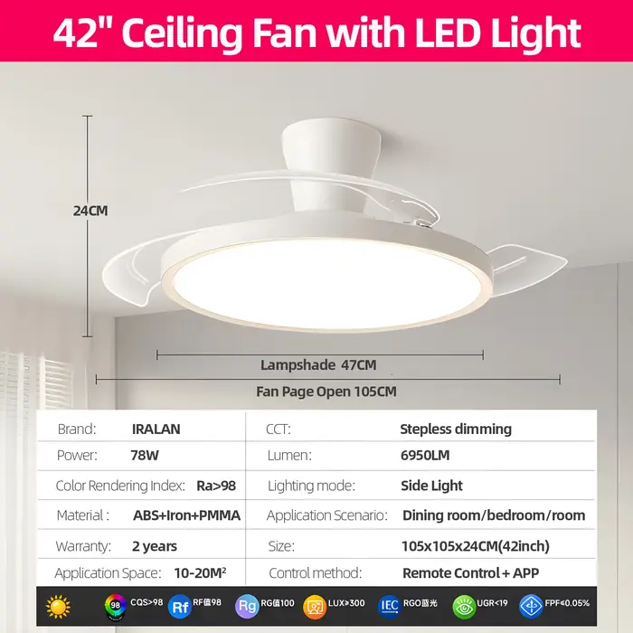 IRALAN ventilateur de plafond Invisible moderne avec lumière LED moteur à courant continu grand Volu