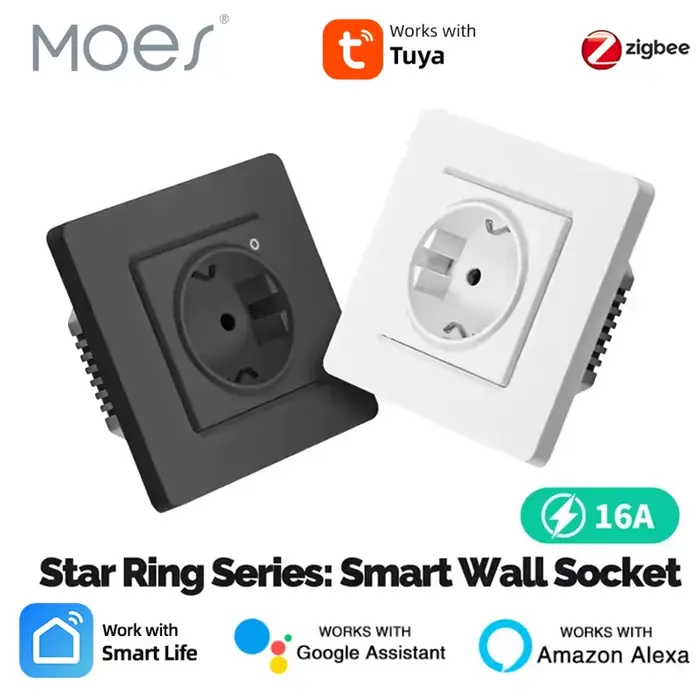 Prise intelligente MOES Tuya ZigBee EU prise murale encastrée moniteur d'énergie indicateur commande à distance par application commande vocale Alexa Google Home occasions spéciales智能家居插头网页描述
