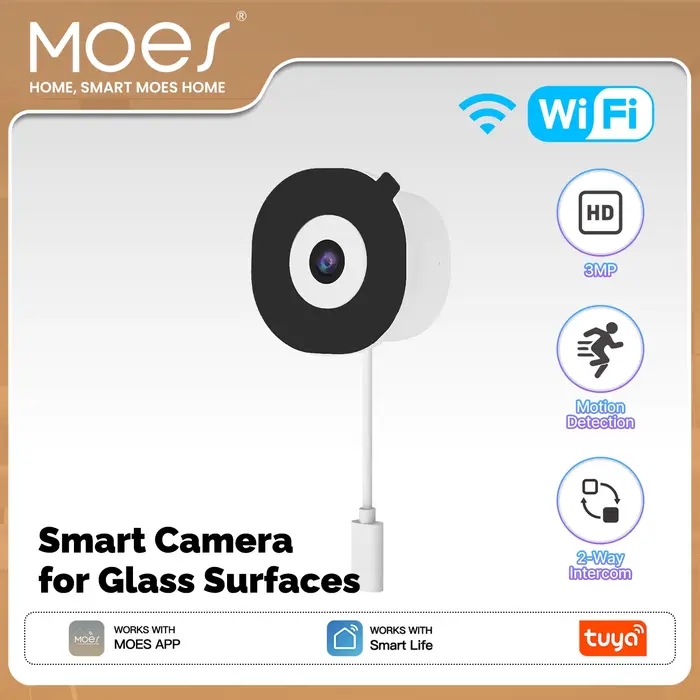 Caméra de surveillance intelligente WiFi MOES Tuya 3MP pour fenêtre, montage sur surface vitrée, vis