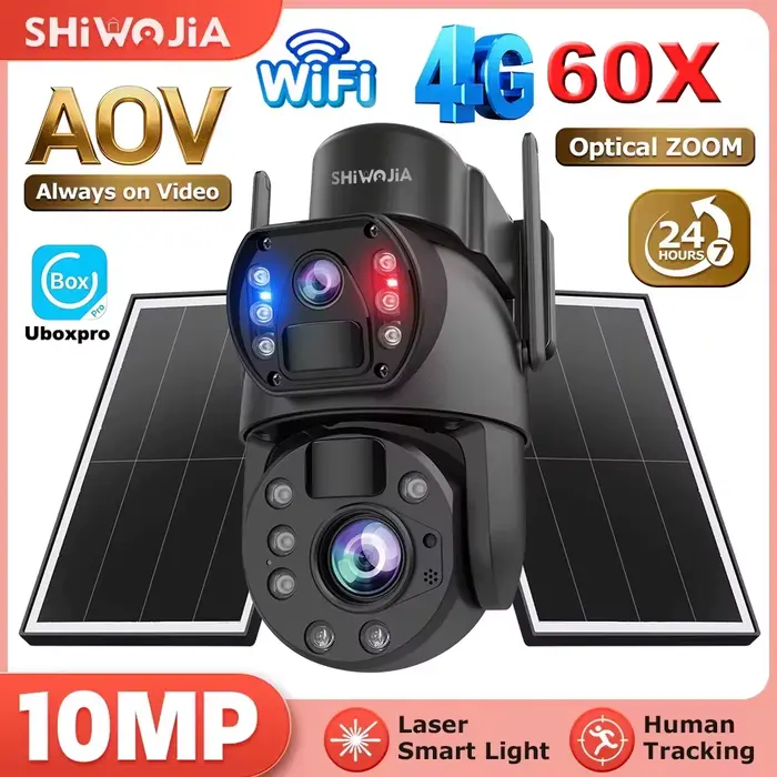 Caméra solaire SHIWOJIA 22X ZOOM 10MP AOV avec carte SIM 4G