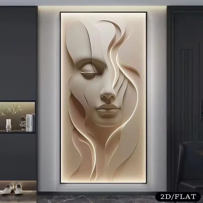 2D plat, 1 pièce grande peinture sur toile de visage abstrait moderne sans cadre-illusion 3D texturé