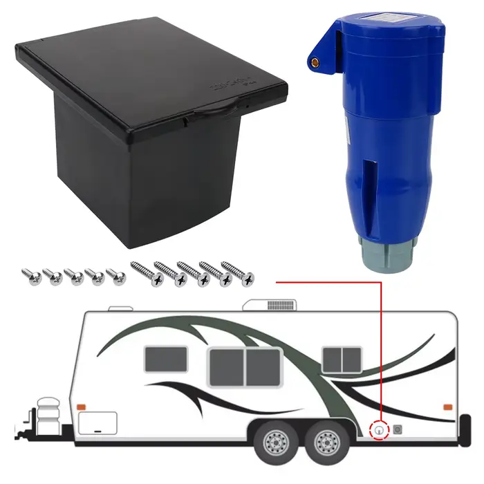 Prise de courant étanche avec couvercle pour camping-car et caravane, 220V-240V, 16A, crochet flush hook up, fonctionnalités étanches, design sans clé pour utilisation rapide et sûre, idéale pour activités de plein air et voyages en camping-car