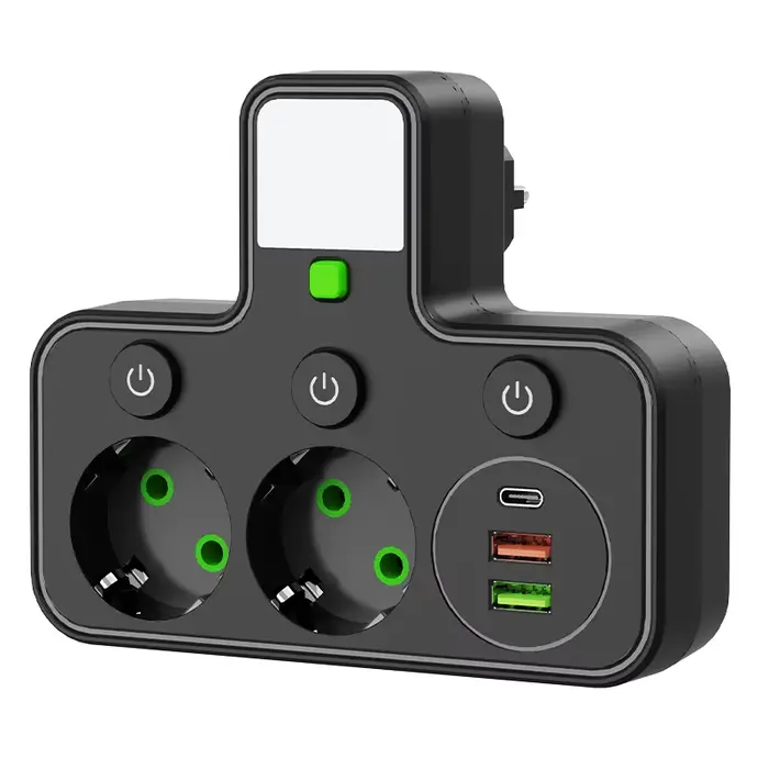 Prise murale avec 4 prises AC, 2 ports USB, 1 chargeur de type C, prise EU, interrupteur électrique 