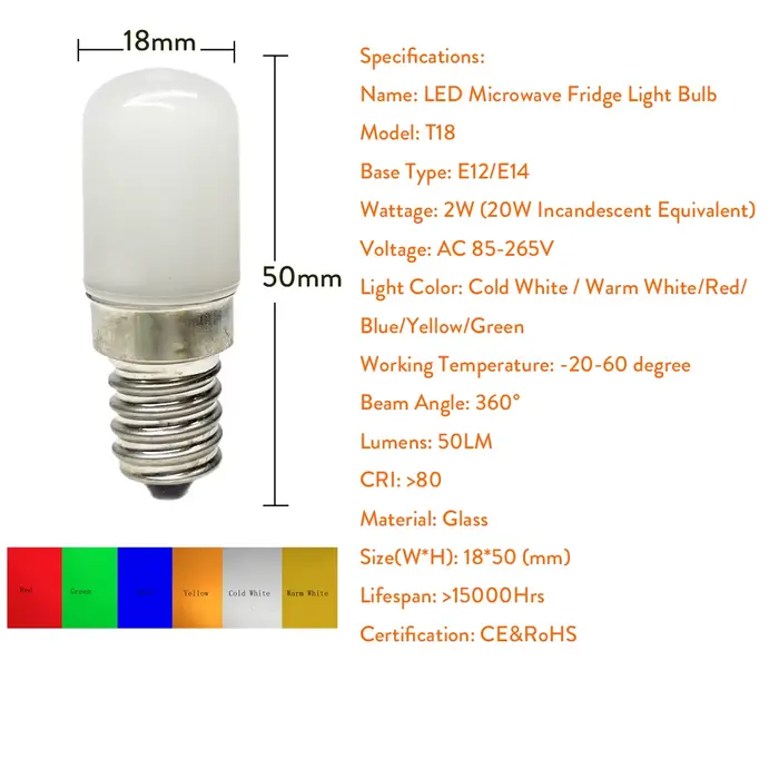 Ampoule LED colorée T18 Mini E14 E12 pour réfrigérateur