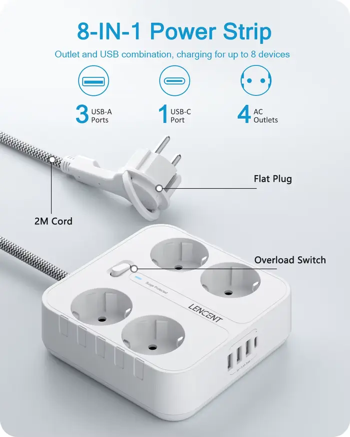 Multiprise EU Plug avec interrupteur pour la maison et le bureau