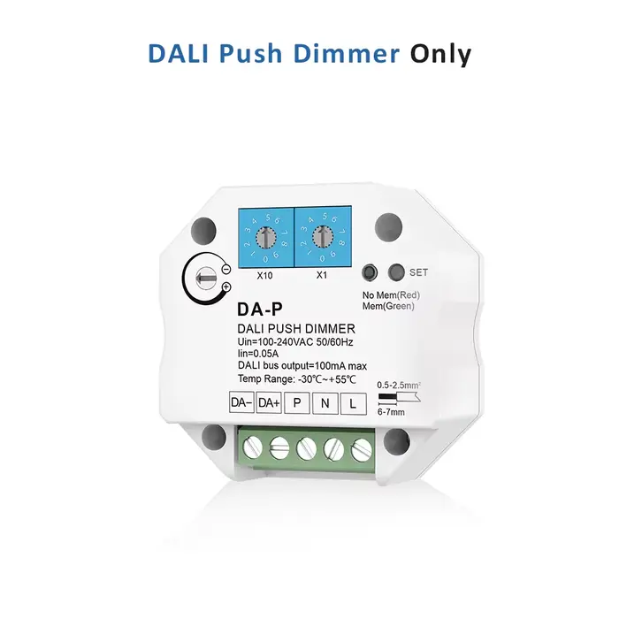 Gradateur LED Push avec fonction mémoire, pilote DALI ou ballasts, vitesse de gradation réglable, 11