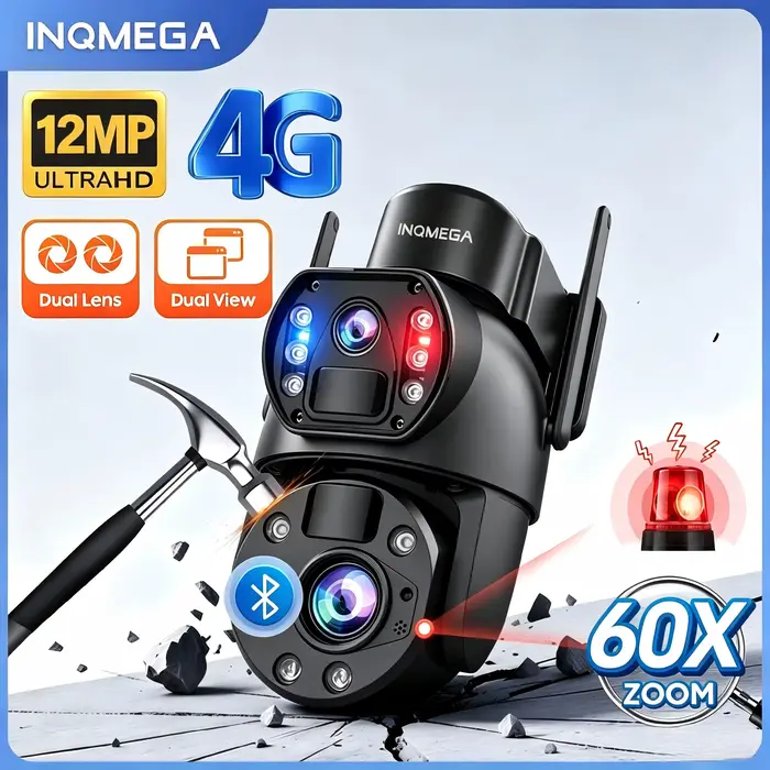Caméra solaire INQMEGA 6K 12MP avec zoom 60X, double objectif, surveillance nocturne, résistance aux intempéries, boîtier étanche IP66, alimentation solaire, application Ubox, surveillance extérieure 24h/24