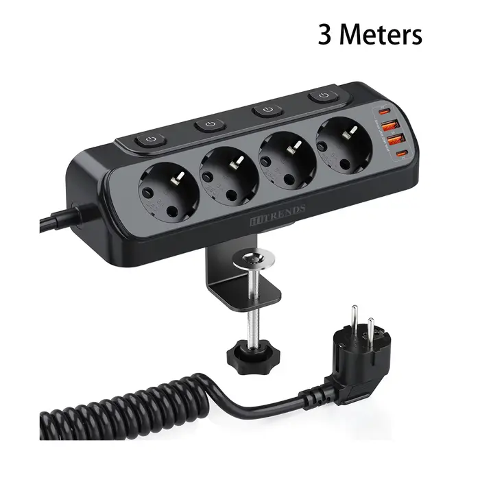Multiprise HITRENDS EU avec interrupteurs individuels, cordon d'extension de 3 mètres, 4 prises AC e