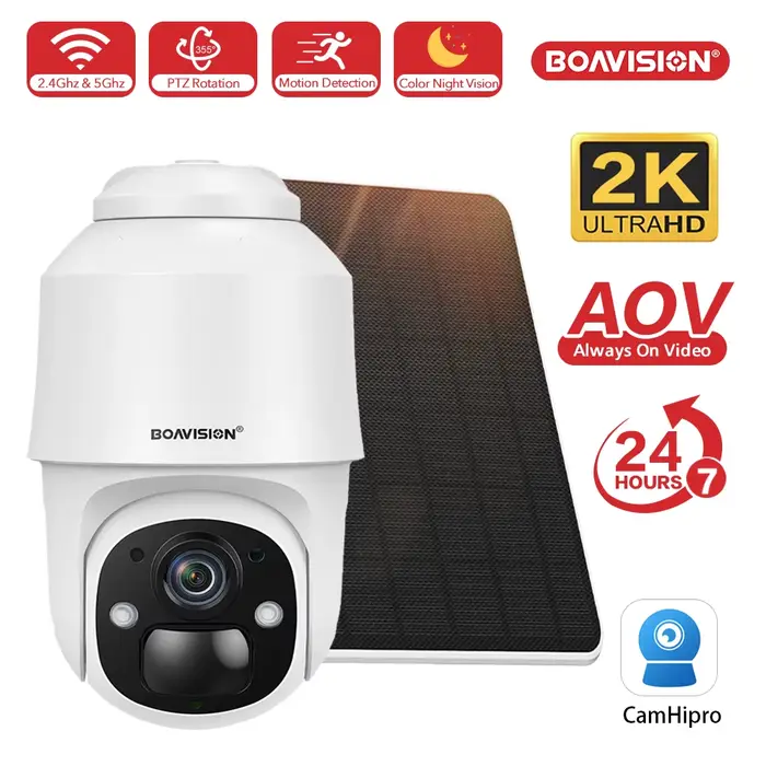 Caméra de sécurité solaire WiFi AOV 3MP avec batterie rechargeable intégrée, prise en charge du WiFi