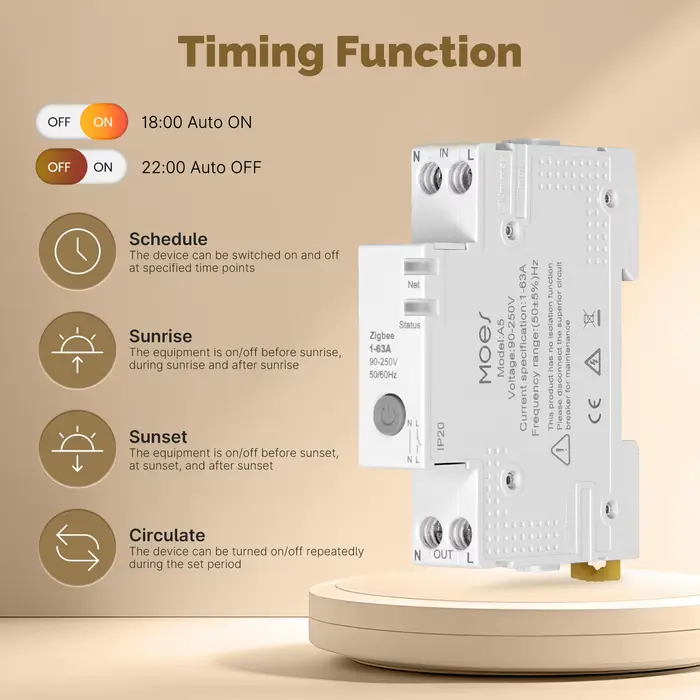 MOES Tuya Zigbee disjoncteur intelligent 63A ensemble de seuil d'alarme moniteur d'électricité V0 ignifuge