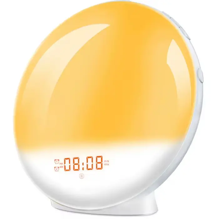 Réveil lever du soleil avec simulation de coucher de soleil, horloge numérique, veilleuse, radio FM, deux alarmes, lumière d'ambiance, design moderne pour une transition douce vers le réveil