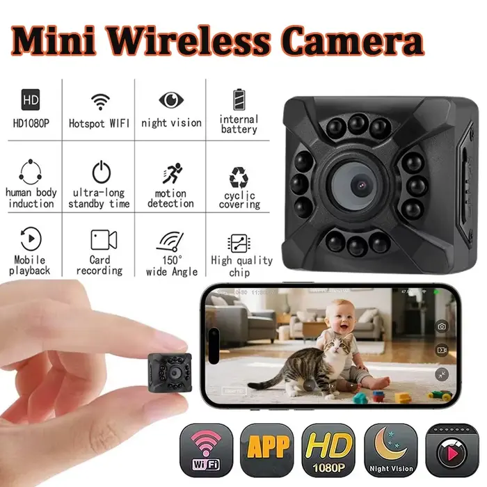 Mini caméra sans fil, vision nocturne, WiFi IP/AP, surveillance à distance, batterie rechargeable, d