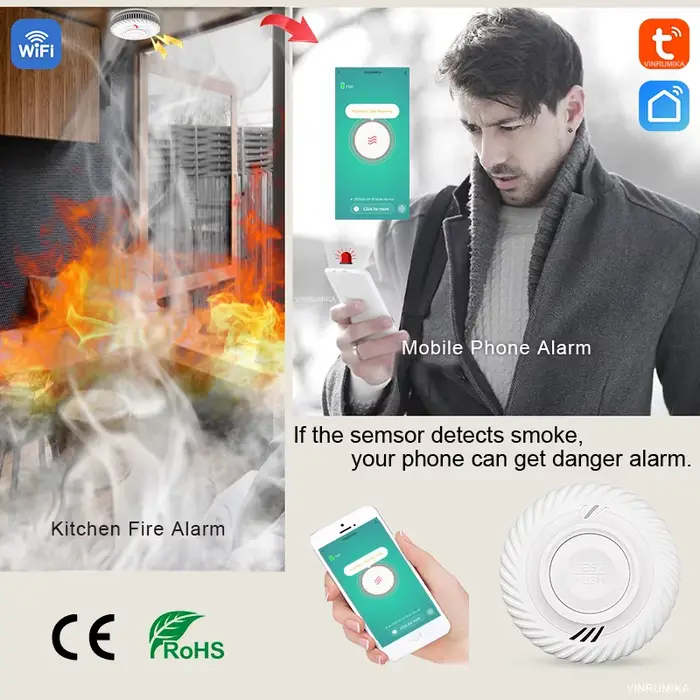 Détecteur de fumée Tuya avec fonction WiFi intégrée 10 ans de batterie pour la sécurité de la maison salon cuisine magasin alarme incendie capteur de fumée