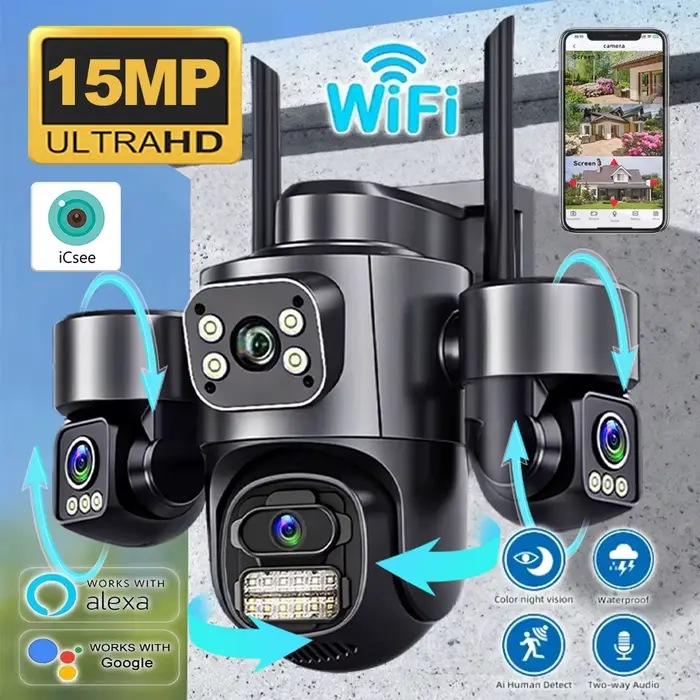 Caméra de sécurité 15MP iCsee écrans 3 HD suivi automatique WiFi caméra IP extérieure CCTV couleur V