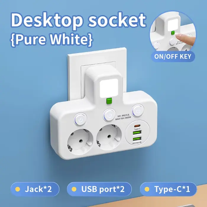Prise électrique EU à 5 prises, sans rallonge, avec ports USB Type-C, deux spécifications