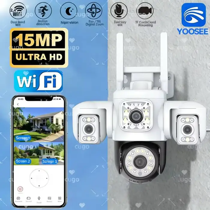 Caméra WiFi PTZ 15MP Quatre objectifs Trois écrans 360° ° Caméras de surveillance sans fil extérieures avec zoom 16X