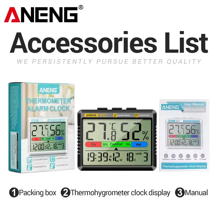 Thermomètre-hygromètre numérique ANENG AP01 avec mode alarme snooze, thermomètre d'air, humidité, mu