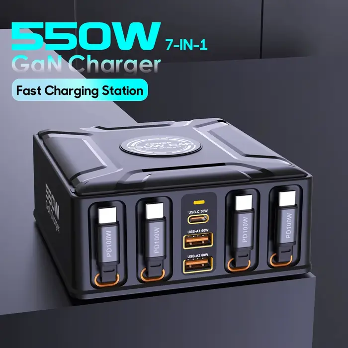 Station de charge 7-en-1 550W avec câble USB-C rétractable 100W pour MacBook Pro, iPhone 17, Samsung, ordinateur portable, tablette, charge rapide GaN, compatible avec divers appareils pour un bureau organisé et productif