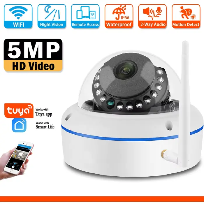 Caméra Dôme WiFi Tuya 5MP avec Détection Humaine, Extérieure, Étanche, Enregistrement Audio, Caméra 