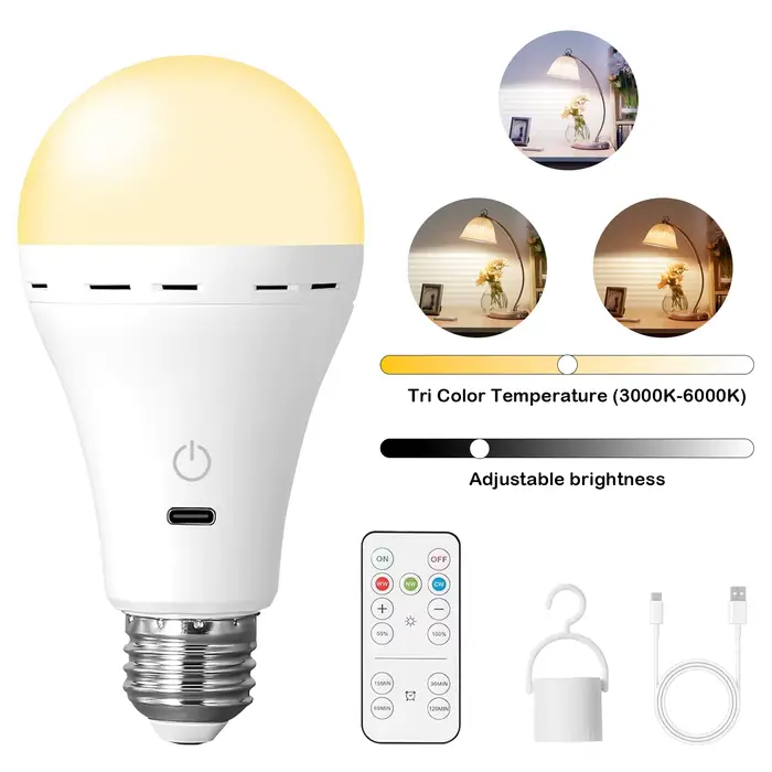 Ampoules rechargeables avec télécommande, ampoule sans fil E27 à piles pour lampes, 2200 mAh/réglabl