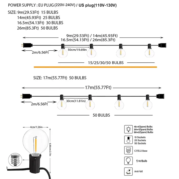 Guirlande lumineuse d'extérieur LED G40, variable, ampoules Globe, pour rue, Patio, jardin, arrière-