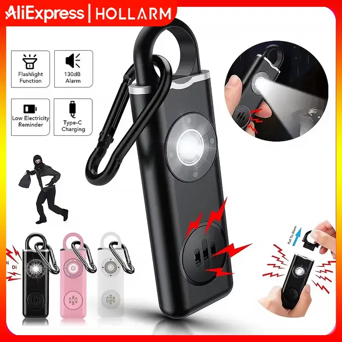 Alarme personnelle d'auto-défense Hollarm avec lumière LED rechargeable pour femmes, enfants et personnes âgées porte-clés 130dB sécurité nocturne occasions spéciales
