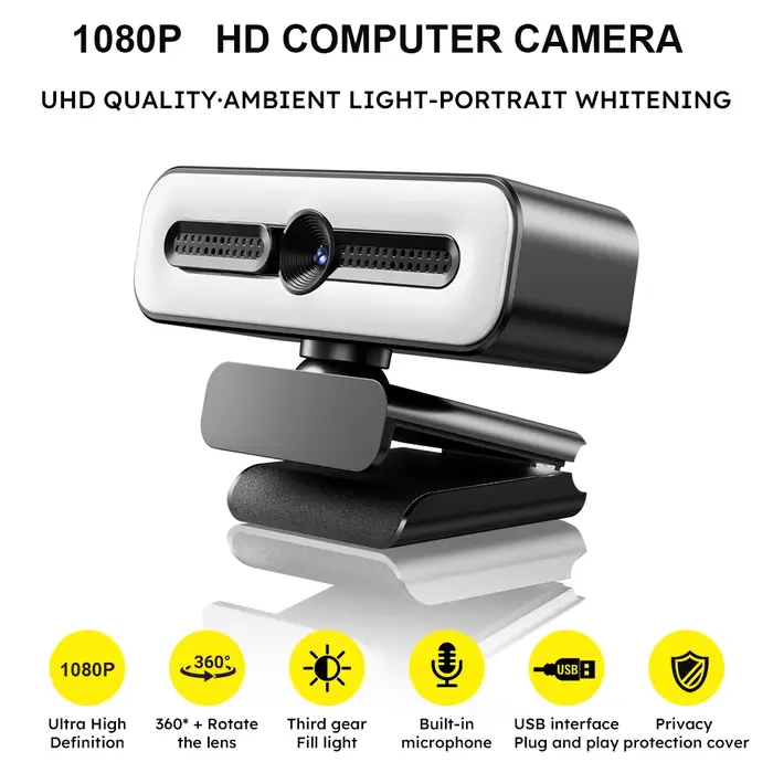 Caméra HD intelligente avec curseur de confidentialité pour microphone, éclairage d'appoint beauté à