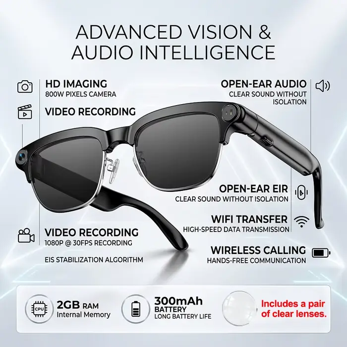 Lunettes Intelligentes IA avec Caméra HD 800W, Enregistrement Vidéo, Assistant Vocal IA, Traduction 