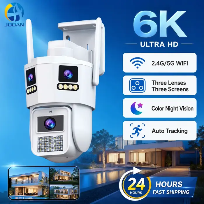 Caméra WiFi extérieure JOOAN 6K 12MP à trois objectifs, suivi de mouvement, PTZ, caméras vidéo, prot