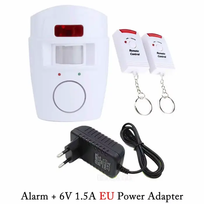 Alarme sans fil avec 2 télécommandes, détecteur de mouvement PIR, adaptateur d'alimentation pour mai