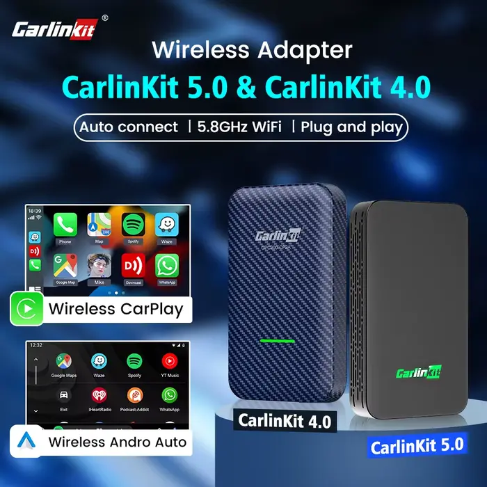 5.0 & CarlinKit 4.0 sans fil CarPlay Android Auto Waze musique Spotify