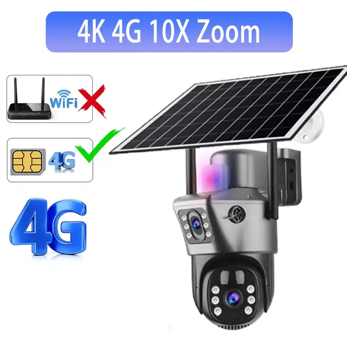 Caméra de Surveillance extérieure solaire 4G Sim 6K 12MP trois objectifs 10 Zoom numérique sans fil